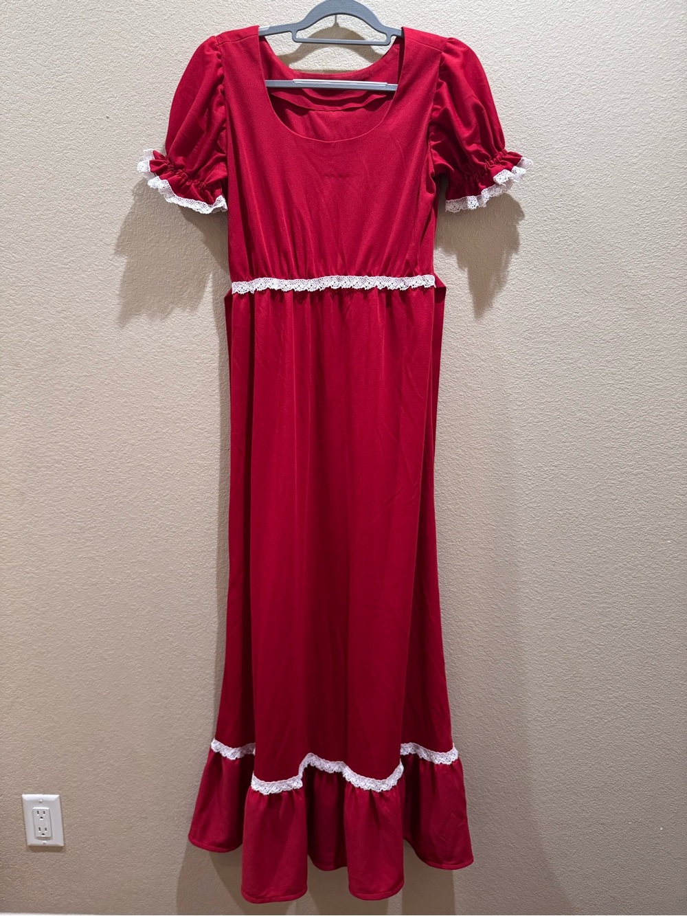 Vintage Handmade Red Prairie Maxi Dress White Lace Puff Sleeve Cottagecore